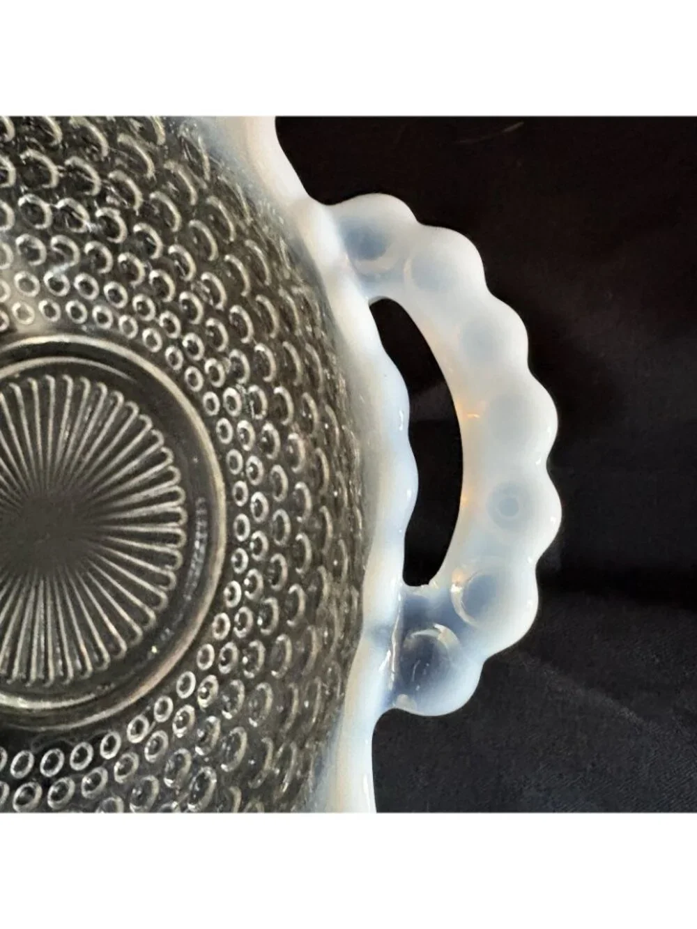 FENTON Vintage Opalescent Moonstone Bowl with Handles Ruffled Hobnail 7 in